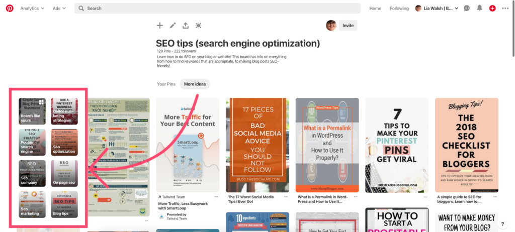 More ideas function on Pinterest can be helpful to find relevant keywords